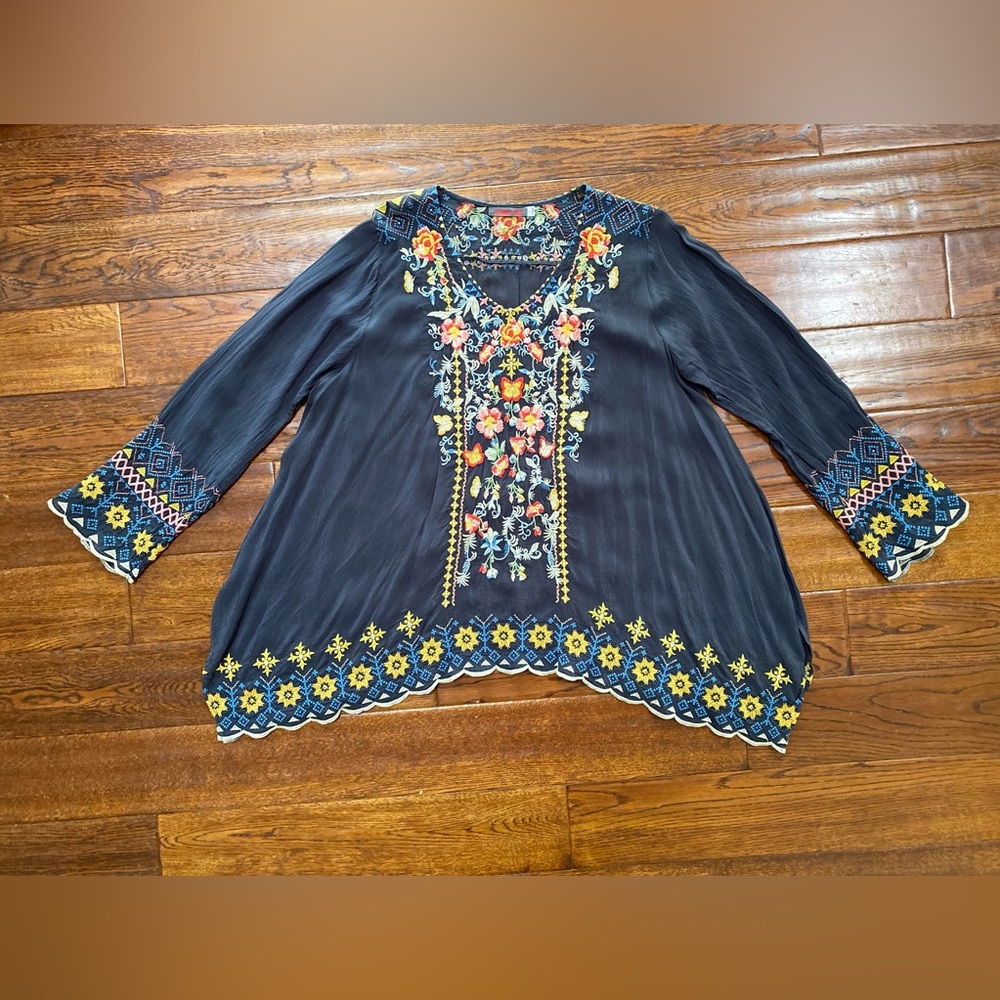Johnny Was Navy Embroidered Top